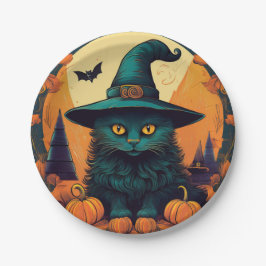 Zwarte kat in een heks Pet Papieren Bordje