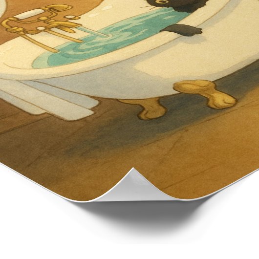 Zwarte kat in een klauwvoetbad Art Print (Hoek)