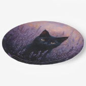 Zwarte kat in een lavendelveld illustratie papieren bordje (Gekanteld)