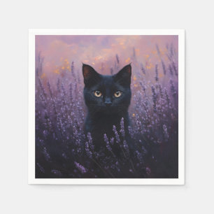Zwarte kat in een lavendelveld illustratie servet