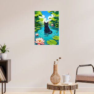 Zwarte kat in een lelievijver poster