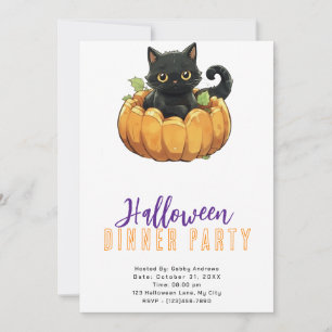 Zwarte kat in een pompoen Halloween Diner Party Kaart