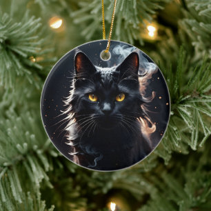 Zwarte kat in een waas van rook verbijsterd keramisch ornament