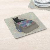 Zwarte kat in garen vierkante kartonnen onderzetter (Schuin)