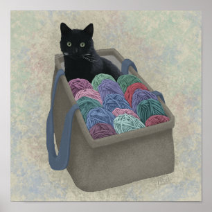 Zwarte kat in garen zak poster