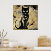 zwarte kat in gouden tint poster (Keuken)