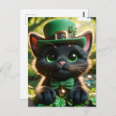 Zwarte kat in groene St. Patrick's Day kleding Briefkaart (Voorkant / Achterkant)