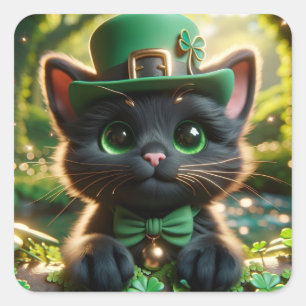 Zwarte kat in groene St. Patrick's Day kleding Vierkante Sticker