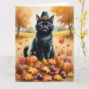 Zwarte Kat in Herfstbladeren Dankzeggingskunst Kaart