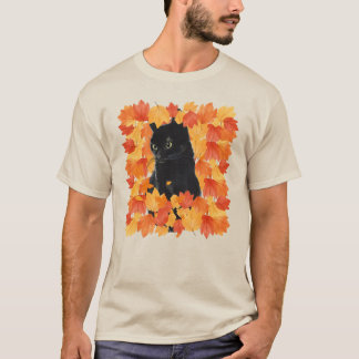 Zwarte kat in herfstbladeren herfst t-shirt