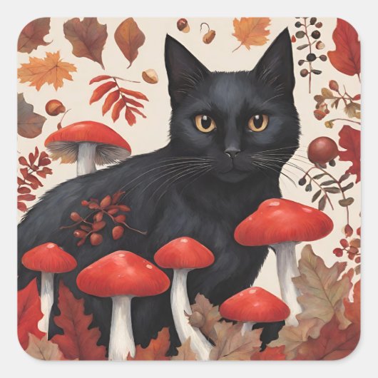 Zwarte Kat in het Herfstbos Vierkante Sticker (Voorkant)