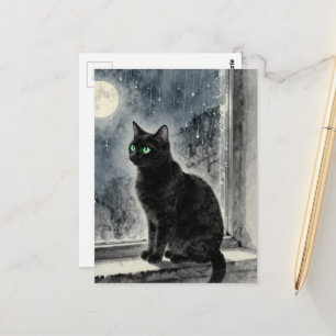 Zwarte Kat in het Raam op een Regenachtige Nacht Briefkaart