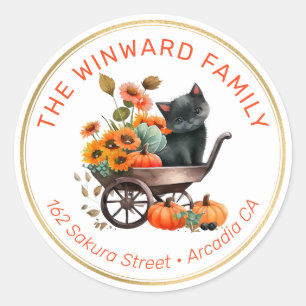 Zwarte Kat in Kruiwagen en Herfst Bloemenadres Ronde Sticker