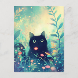 Zwarte Kat in Magische Turquoise Bloementuin Briefkaart