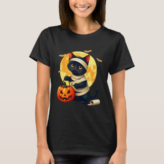 Zwarte kat in mummiekostuum & pompoenen Halloween  T-shirt