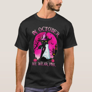 Zwarte Kat In Oktober dragen we Roze  Halloween T-shirt