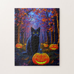 Zwarte kat in pompoenbos tijdens Halloween Legpuzzel