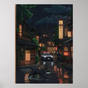 Zwarte Kat in Regenachtige Neon Japanse Straat Ani Poster