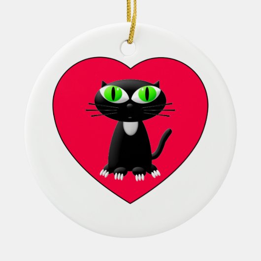Zwarte kat in rood hart keramisch ornament (Voorkant)