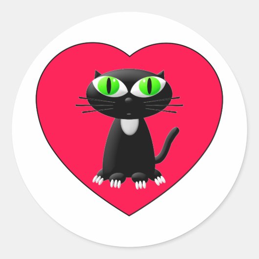 Zwarte kat in rood hart ronde sticker (Voorkant)