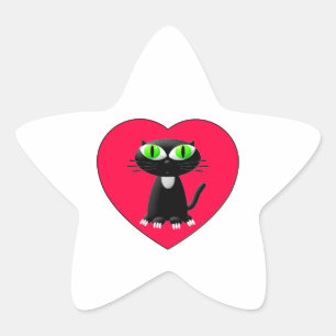 Zwarte kat in rood hart ster sticker