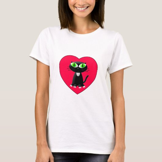 Zwarte kat in rood hart t-shirt (Voorkant)