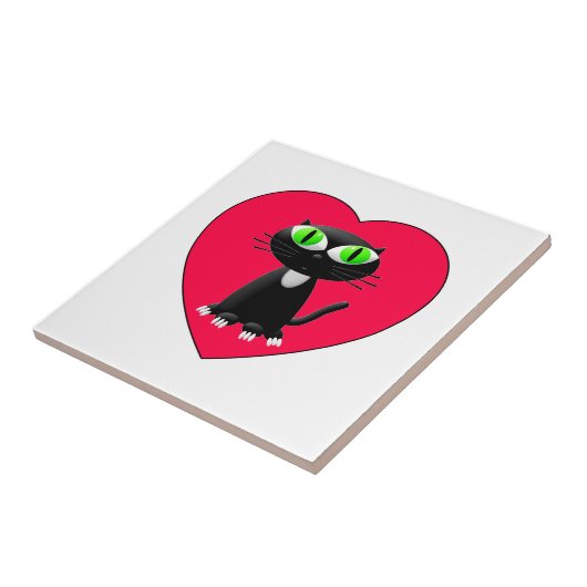 Zwarte kat in rood hart tegeltje (Zijkant)