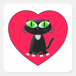 Zwarte kat in rood hart vierkante sticker