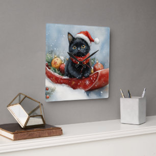 Zwarte Kat in Slede Laat het Sneeuwen Kerstmis Vierkante Klok