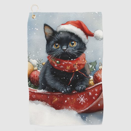 Zwarte kat in slee laat het sneeuwen Kerstmis Golfhanddoek (Voorkant)