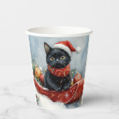 Zwarte kat in slee laat het sneeuwen Kerstmis Papieren Bekers (Voorkant)