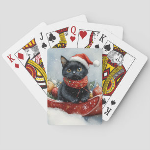 Zwarte kat in slee laat het sneeuwen Kerstmis Pokerkaarten