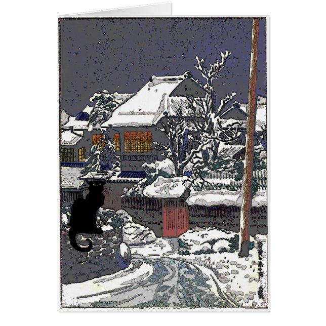 Zwarte kat in sneeuwJapans afdrukken (Voorkant)