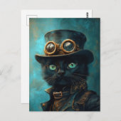 Zwarte kat in Steampunk kostuum Briefkaart (Voorkant / Achterkant)