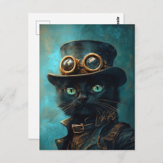 Zwarte kat in Steampunk kostuum Briefkaart (Voorkant / Achterkant)