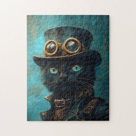 Zwarte kat in Steampunk kostuum Legpuzzel (Verticaal)