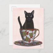 Zwarte kat in Teacup Briefkaart (Voorkant / Achterkant)