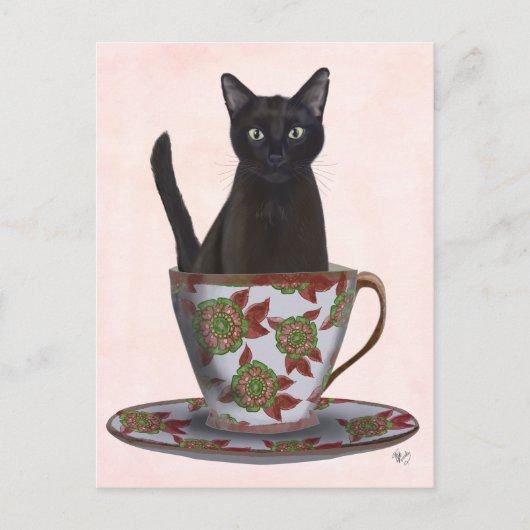 Zwarte kat in Teacup Briefkaart (Voorkant)
