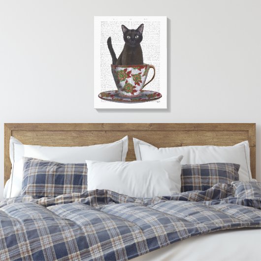 Zwarte kat in Teacup Canvas Afdruk (Insitu (Slaapkamer))