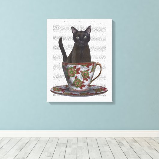 Zwarte kat in Teacup Canvas Afdruk (Insitu (Houten vloer))