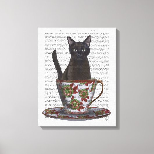 Zwarte kat in Teacup Canvas Afdruk (Voorkant)