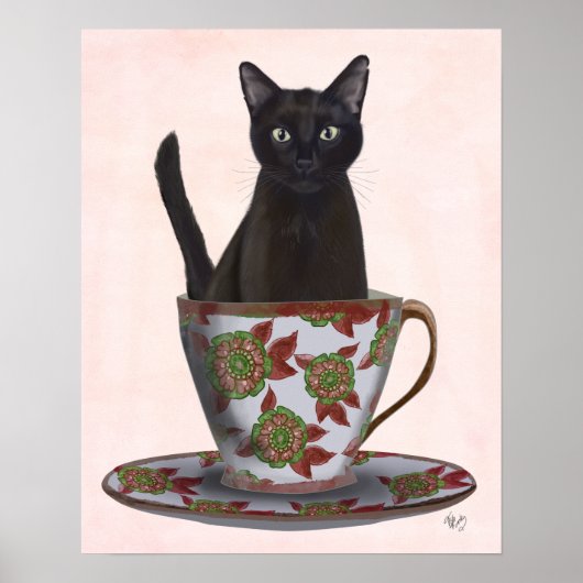 Zwarte kat in Teacup Poster (Voorkant)