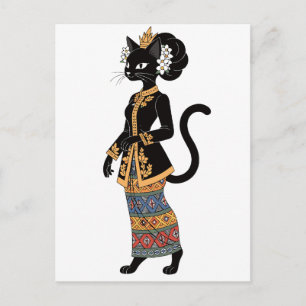 Zwarte Kat in Traditionele Batik Kebaya Kunst Briefkaart