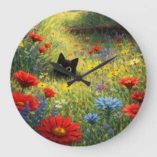 Zwarte kat in weide met wilde bloemen wandklok grote klok