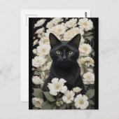 Zwarte kat in witte bloemen briefkaart (Voorkant / Achterkant)