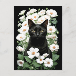 Zwarte kat in witte bloemen (update) Briefkaart