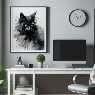 Zwarte kat inkt schilderij foto afdruk
