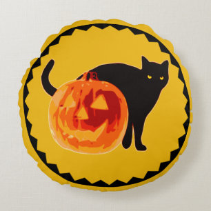 zwarte kat & Jack-O'-lantaarn Rond Kussen