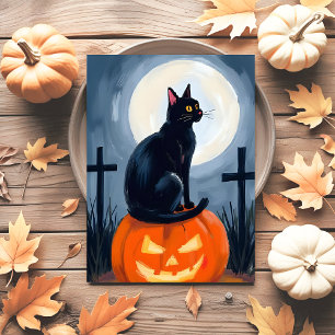 Zwarte Kat Jack-O-Lantern Halloween Geschilderd Feestdagenkaart