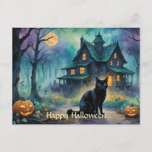 Zwarte kat, Jack O Lanterns, Spooky House Hallowee Feestdagenkaart